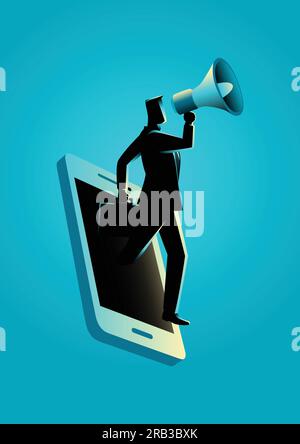 Business concept illustration of a businessman holding a megaphone coming through from smart phone. Digital marketing, communication, advertisement co Stock Vector