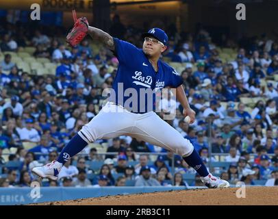 Los Angeles, United States. 06th July, 2023. Los Angeles Dodgers starting pitcher Julio Urias winds up to deliver during the third inning against the Pittsburgh Pirates at Dodger Stadium in Los Angeles on Thursday, July 6, 2023. Photo by Jim Ruymen/UPI Credit: UPI/Alamy Live News Stock Photo