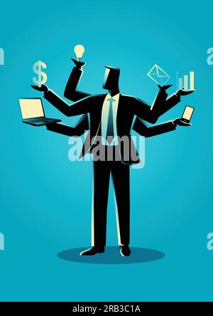 Business concept illustration of businessman with six hands, concept for multitasking Stock Vector