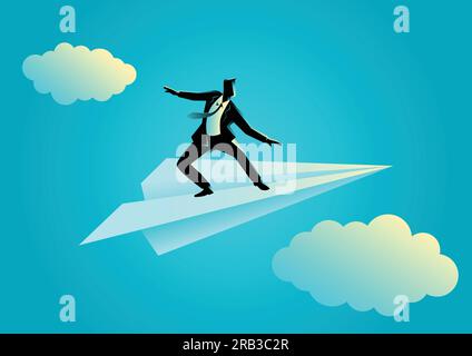 Business concept illustration of a businessman balancing on paper plane Stock Vector