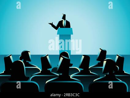 Business concept illustration of businessman giving a speech on stage. Audience, seminar, conference theme Stock Vector