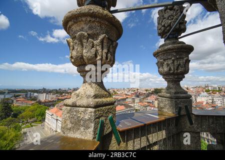 Panoramic view of Porto with stone flower boxes from the Clérigos Tower in the foreground Stock Photo
