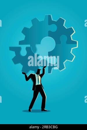 Business concept illustration of a man holding on his shoulder the final peace of puzzle which forming a gear, business, completion, solution Stock Vector