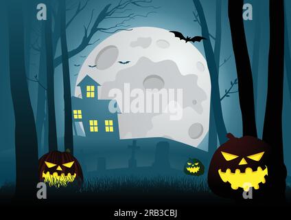 Silhouette illustration of a house in the dark scary woods with halloween pumpkins decoration, for Halloween theme or background Stock Vector