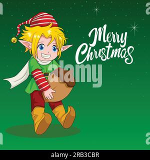 Merry Christmas message. Santa elf holding banner, cute cartoon elves ...