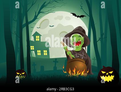 Cartoon illustration of a witch stirring concoction in the cauldron in the dark scary woods, for Halloween theme and background Stock Vector