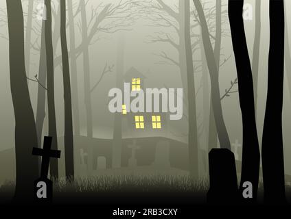 Silhouette illustration of a scary house and cemetery in the dark woods, for Halloween theme or background Stock Vector