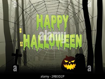 Slimy Happy Halloween text on spider web in dark gloomy woods Stock Vector