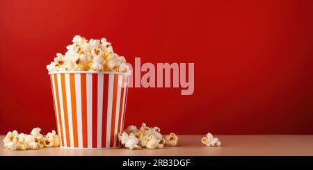 cinema popcorn bucket on red background. banner with copy space Stock Photo