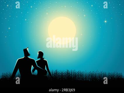 Graphic silhouette of couple sitting on grass watching the full moon Stock Vector