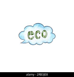 Watercolor illustration icon of environmental issues. Decor green ecology and eco text in save word cloud. Metaphor for environment, recycling, earth, Stock Photo