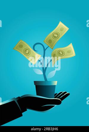 Business concept illustration of a businessman hand holding a pot with money tree, business, savings, investment concept Stock Vector