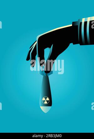 Graphic illustration of a hand in military uniform ready to drops an atomic or nuclear bomb Stock Vector