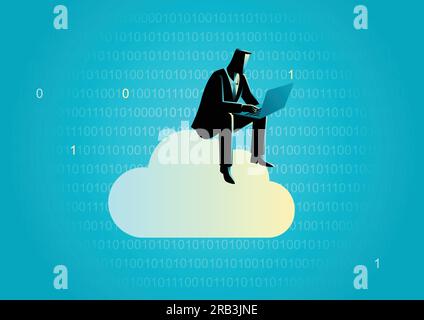 Business concept illustration of a businessman sits on cloud working with laptop computer with binary numbers as the background Stock Vector