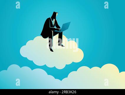 Business concept illustration of a businessman sits on cloud working with laptop computer Stock Vector