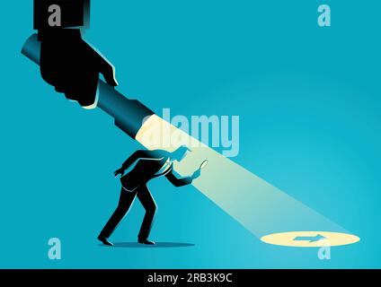 Business concept illustration of a businessman being guided by a hand holding a flashlight uncovering arrow sign. Stock Vector