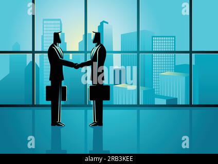 Business concept illustration of two businessmen shaking hands with cityscape as the background Stock Vector