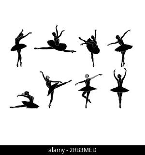 Set of 8 ballerina silhouette flat vectors on white background. Collection of ballet dance moves. Black and white ballet dancer icons. Stock Vector
