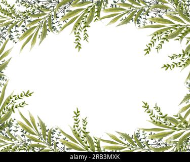 Watercolor greenery template for wedding invitation and greeting card. Floral background. Hand drawn illustration. Stock Photo