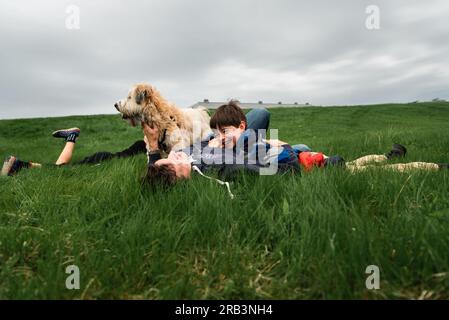 Father and sons laying in the grass with their dog on a spring day Stock Photo