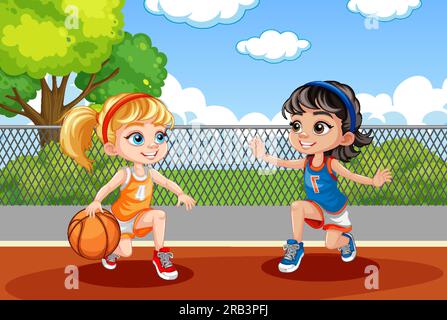 Two Girls Playing Basketball illustration Stock Vector Image & Art - Alamy