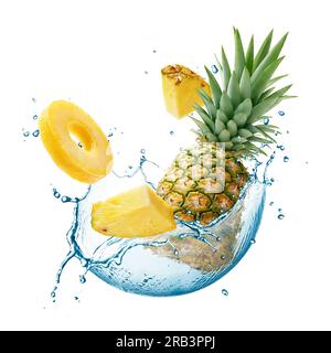 Pineapple with water splash in circle shape isolated on white background Stock Photo