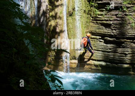 Canyoneering in Forcos Canyon in Spanish Pyrenees Stock Photo