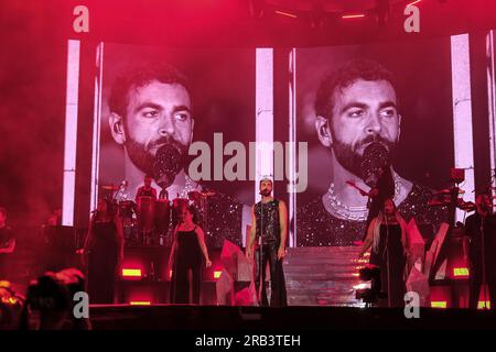 Turin, Italy. 05th July, 2023. The Italian singer Marco Mengoni performs on the stage of the Olympic stadium with his Italian tour 'Mengoni negli stadi 2023” in Turin (Photo by Bruno Brizzi/Pacific Press/Sipa USA) Credit: Sipa USA/Alamy Live News Stock Photo