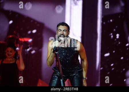 Turin, Italy. 05th July, 2023. The Italian singer Marco Mengoni performs on the stage of the Olympic stadium with his Italian tour 'Mengoni negli stadi 2023” in Turin (Photo by Bruno Brizzi/Pacific Press/Sipa USA) Credit: Sipa USA/Alamy Live News Stock Photo