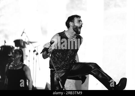 Turin, Italy. 05th July, 2023. The Italian singer Marco Mengoni performs on the stage of the Olympic stadium with his Italian tour 'Mengoni negli stadi 2023” in Turin (Photo by Bruno Brizzi/Pacific Press/Sipa USA) Credit: Sipa USA/Alamy Live News Stock Photo