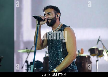 Turin, Italy. 05th July, 2023. The Italian singer Marco Mengoni performs on the stage of the Olympic stadium with his Italian tour 'Mengoni negli stadi 2023” in Turin (Photo by Bruno Brizzi/Pacific Press/Sipa USA) Credit: Sipa USA/Alamy Live News Stock Photo