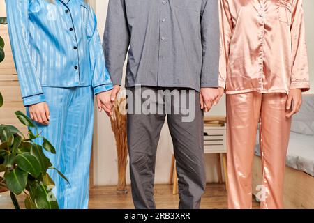 polyamory lovers, cropped view of man holding hands with women at home, non traditional partners, freedom and diversity in relationship, acceptance an Stock Photo