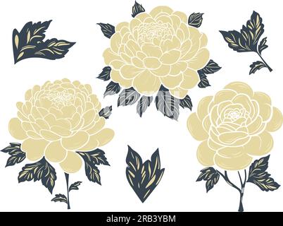 Golden peony flower and leaves set. Beautiful lush flowers cli art for invitations, cards, decor. Oriental floral style, isolated vector illustration Stock Vector