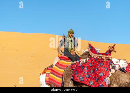 Saoura, Algeria - December 28, 2022: young tuareg man riding a white dromedary camel decorated with colored cloth saddle, posing with two fingers. Stock Photo