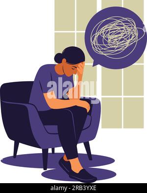 Depressed sad woman thinking over problems. Bankruptcy, loss, crisis, trouble concept. Vector illustration. Flat style Stock Vector