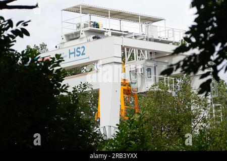 Ruislip, UK. 6th July, 2023. One of the 45 tonne cranes used to lift the tunnel segments for the HS2 High Speed Rail tunnels that are being built underground. Credit: Maureen McLean/Alamy Live News Stock Photo