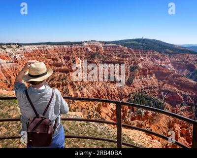 Views from Rim Road Highway 148 in Cedar Breaks National Monument Utah USA. Tourist at Chessmen Ridge overlook. Stock Photo