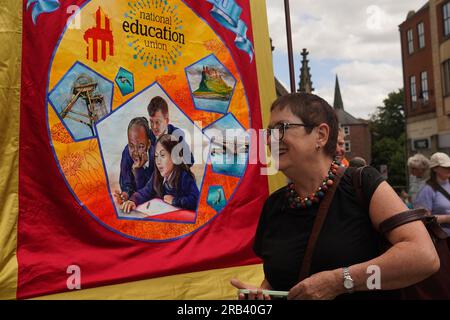 Dr Mary Bousted, joint general secretary of the National Education Union (NEU), attends a rally with union members at the Gala theatre in Durham, as teachers stage walkouts across England in an ongoing dispute over pay. Picture date: Friday July 7, 2023. Stock Photo