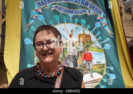 Dr Mary Bousted, joint general secretary of the National Education Union (NEU), attends a rally with union members at the Gala theatre in Durham, as teachers stage walkouts across England in an ongoing dispute over pay. Picture date: Friday July 7, 2023. Stock Photo