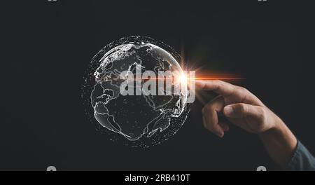 A businessman's hand holds a globe, illustrating seamless connectivity and data flow across global network Stock Photo