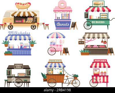 Street vendor booths. Outdoor local market stalls and fast food kiosks. Festival food court cartoon vector illustration set Stock Vector