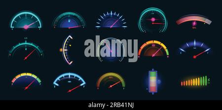 Car dashboard meter designs. Colorful speedometer, fuel gauge and battery level indicators vector illustration set Stock Vector