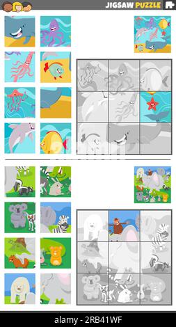 Cartoon illustration of educational jigsaw puzzle games set with wild animal characters group Stock Vector