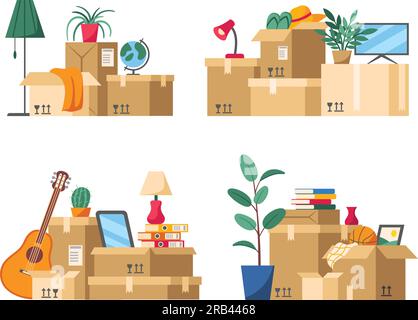 Moving home boxes pile. House stuff packed in cardboard boxes with fragile sign for apartment moving cartoon vector illustration set Stock Vector