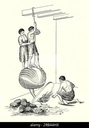 An old engraving of using ‘Nonkreem’ bellows in an early smelting foundry in northern India. It is from a Victorian mechanical engineering book of the 1880s. These bellows were used in smelting iron-containing sand over charcoal fires. The double-action bellows here are worked by a man and a woman standing on them. The flaps are raised by hand and expanded by using their feet. A tube made from bamboo concentrating the blasts of air from the bellows through a small hole cut in a piece of stone and on to the fire containing the sand for smelting. The resulting lumps of iron are seen bottom left. Stock Photo