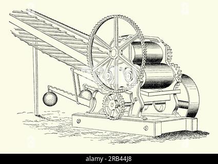 An old engraving of an old sugar cane mill (press or crusher). It is from a Victorian mechanical engineering book of the 1880s. Juice extraction by milling is the process of squeezing the juice from the cane under a set of mills using high pressure between heavy iron rollers – here the cane is fed by a conveyor belt. Mills can have from 3 up to 6 sets of rolls (a set of mills is called a tandem mill or mill train). The juice is collected and sent for further processing. Stock Photo