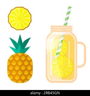 Fruit juice in a transparent glass jar, straw tube. Freshly squeezed pineapple juice. Template. Vector Stock Vector