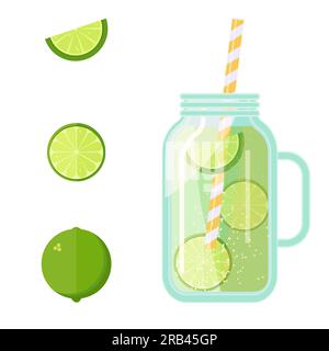 Fruit juice in a transparent glass jar, straw tube. Lime drink. Template. Vector Stock Vector