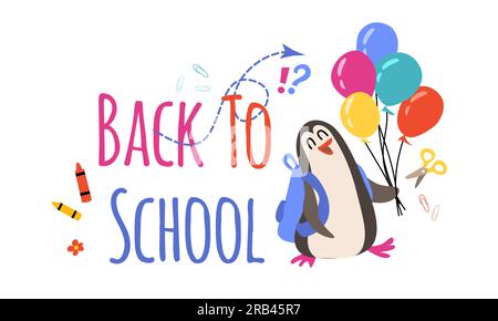 School lettering flat style. Cute penguin with school supplies and ballons. Vector illustration banner. Stock Vector