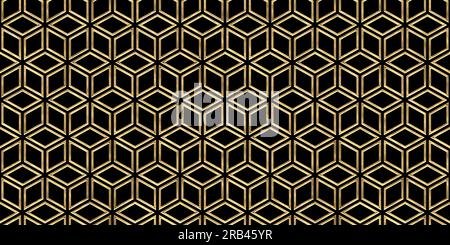 Seamless golden Art Deco isometric stacked cubes pattern. Vintage abstract geometric lines gold plated relief sculpture on black background. Modern el Stock Photo